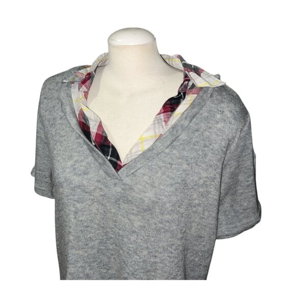 Maurices Gray Knit Top With Plaid Collar & Hem Layered Look Womens Size 1 - Picture 6 of 10
